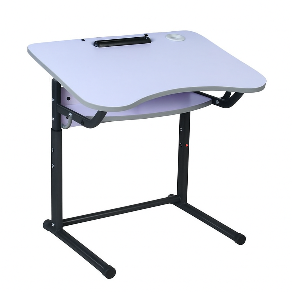 1-місний учнівський стіл з полицею, на металевому каркасі (плоскоовальна + кругла труба), з регулюванням кута нахилу стільниці 0°-15°, ЛЕЛЕКА, 700х500х580-760мм